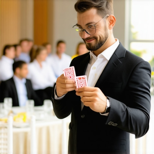 Business networking magic engagement Close-up of a magician engaging business professionals at a corporate mixer