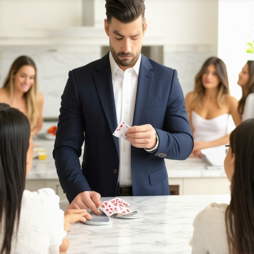 A magician performing for potential buyers in a high-end kitchen to create an emotional connection.