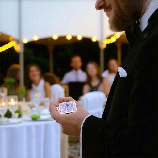 A professional magician performing card tricks at a luxury outdoor event.