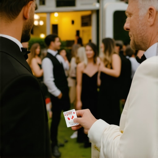 A magician performing for guests waiting in line at a high-end outdoor corporate event.