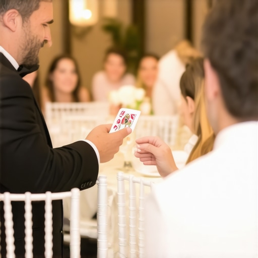 Close-up magic performance with optimal seating layout Magician performing for guests at a corporate event with Chiavari chair seating
