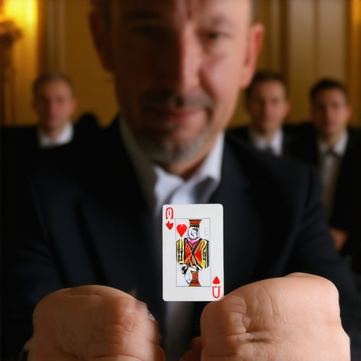 A magician performing for executives to demonstrate misdirection and focus.