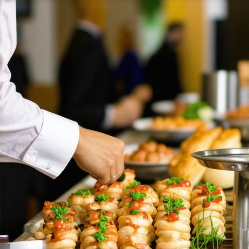 Designing Human Interaction at High-End Events An event planner facilitating social engagement near a luxury catering station at a corporate gala.