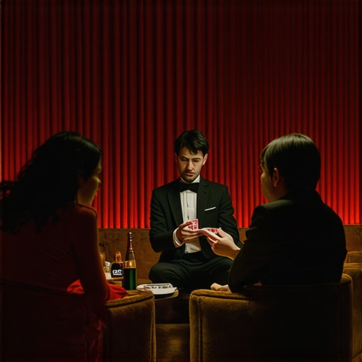 An intimate luxury event setup with drapes, warm lighting, and a magician performing for a small group of guests.