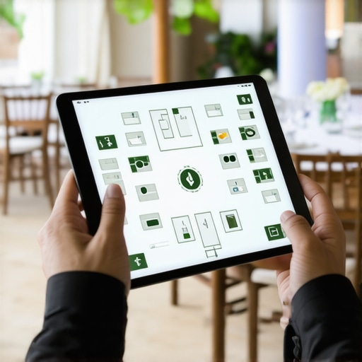 Close-up of a tablet showing a 3D event floor plan for a tropical wedding.