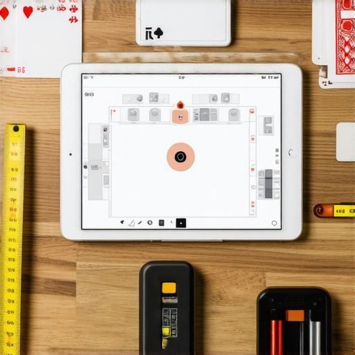 A tablet displaying a 3D event layout alongside physical planning tools.