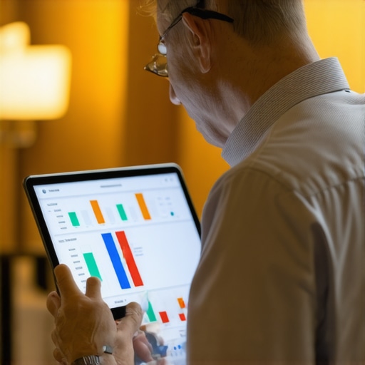 A professional event manager using a tablet to track guest movements in a ballroom.