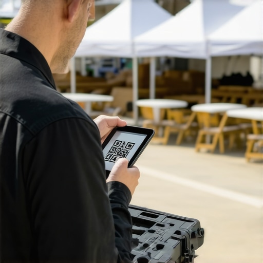 Technician using digital tools to track maintenance on professional event rental equipment.