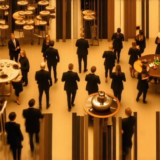 An overhead view of guests networking around cocktail tables and a chocolate fountain at a corporate event.