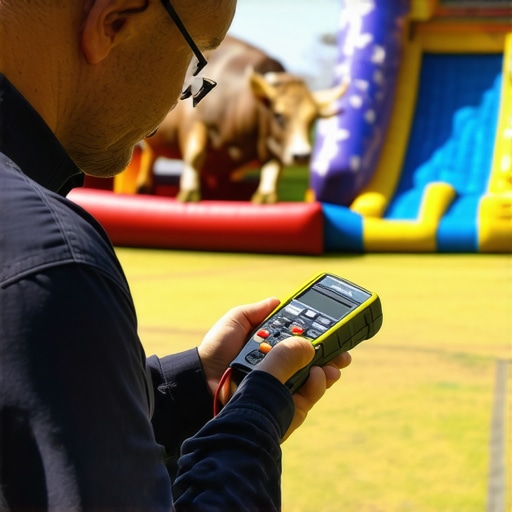 Professional event technician testing electrical power at a party rental site