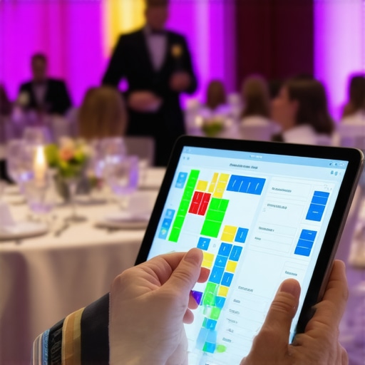 Professional event planner analyzing guest movement data on a tablet during a gala dinner.