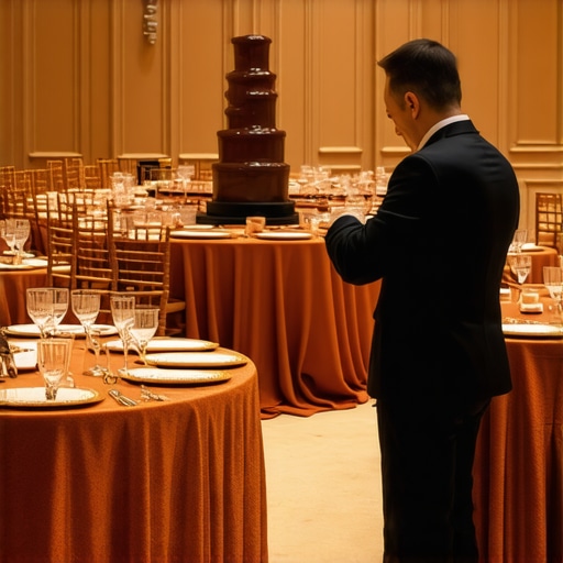 A magician navigating a crowded event floor with heavy tablecloth rentals and a chocolate fountain bottleneck.
