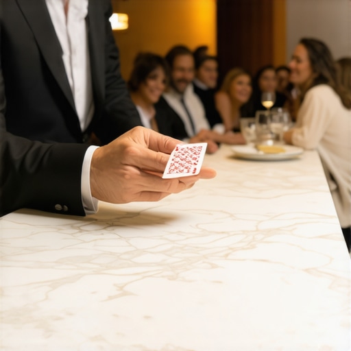 A magician performing close-up magic for luxury home buyers during an open house.