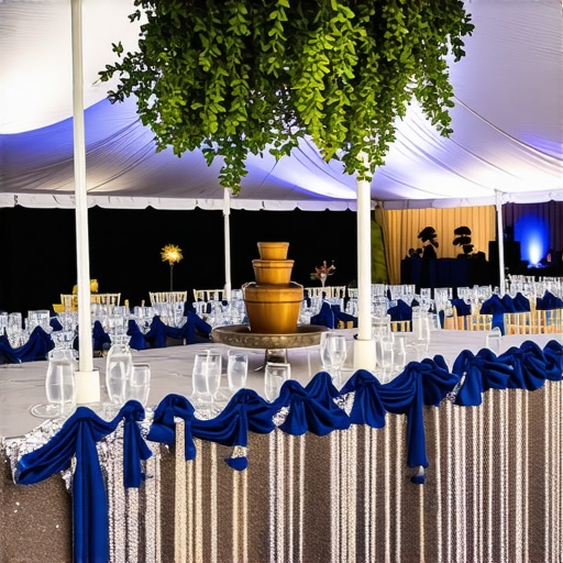 High-end wedding tent setup with balanced cobalt blue accents and professional pipe and drape.