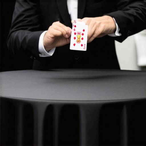 Professional magician performing at a trade show high-boy table to attract leads.