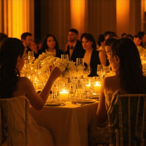 High-End Gala Event Atmosphere A high-end gala dinner with intentional lighting and intimate seating arrangements.