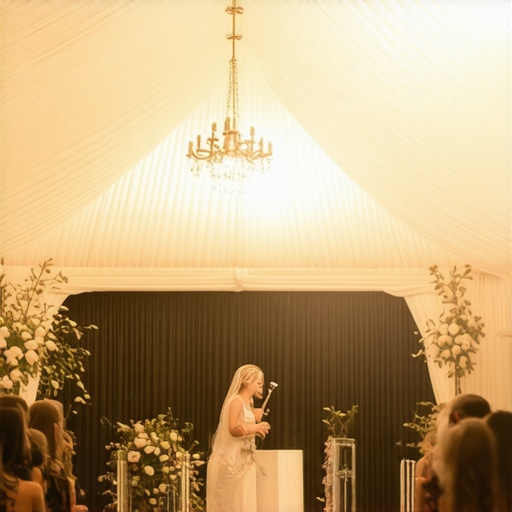 Interior of a luxury wedding tent configured as an intimate magic theater with professional lighting.