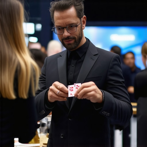 A magician engaging corporate attendees at a sleek trade show booth to demonstrate event flow.