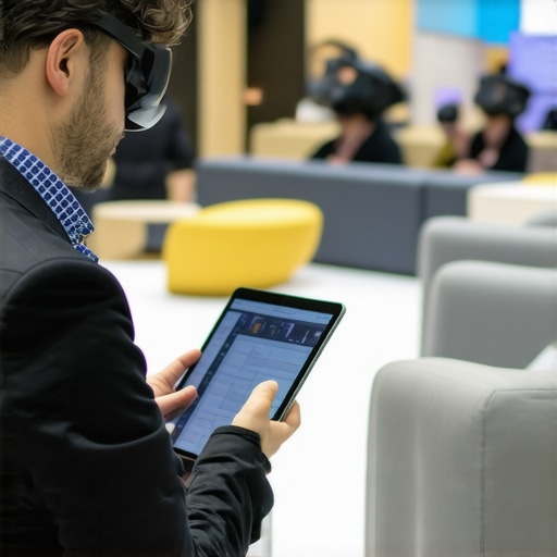 A professional managing event data on a tablet at a high-end trade show booth.