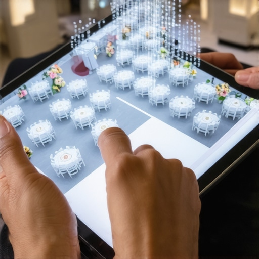 Event planner using 3D software to design a luxury ballroom layout with virtual furniture and floral arrangements.