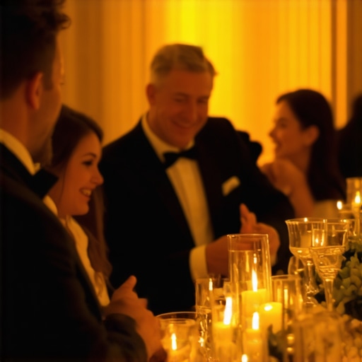 A magician performing close-up magic for guests at a high-end corporate gala