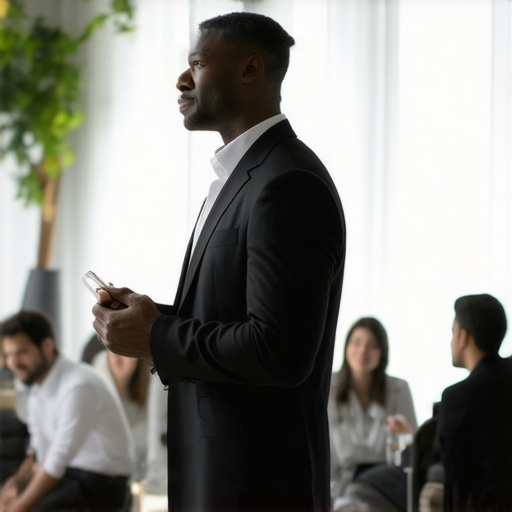 An event planner observing attendees interacting naturally in a minimalist conference setting.