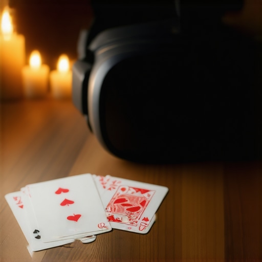 A VR headset and playing cards on a sustainable wooden table representing the balance of technology and human touch in events.