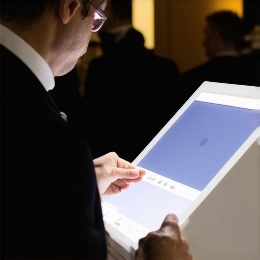 A magician performing for a corporate crowd near an AI interactive display booth.
