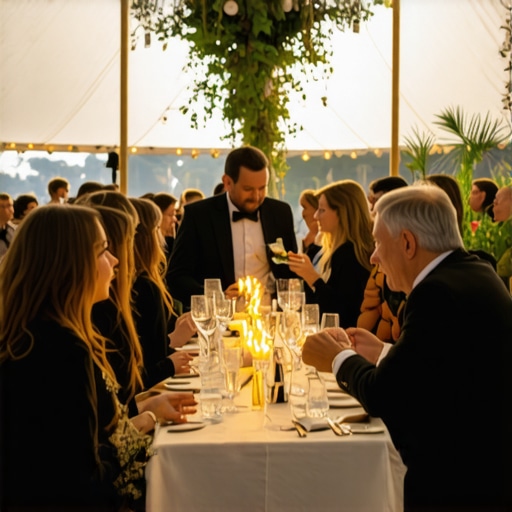 Guests at a luxury anniversary event enjoying live magic instead of using digital apps.