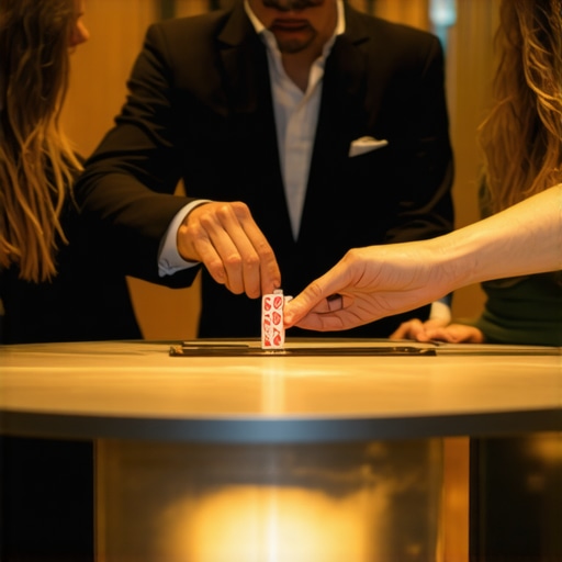 A magician performing for event attendees at a cocktail table.