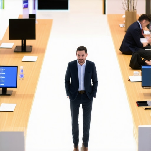 A professional trade show booth setup showcasing a seamless blend of digital technology and human interaction