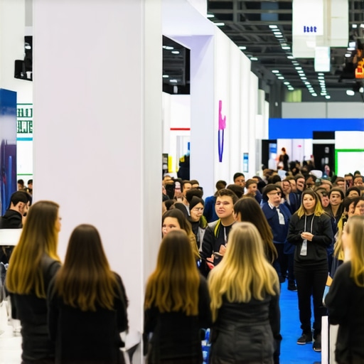 Comparison of an empty luxury trade show booth and a crowded interactive booth with a live performer.