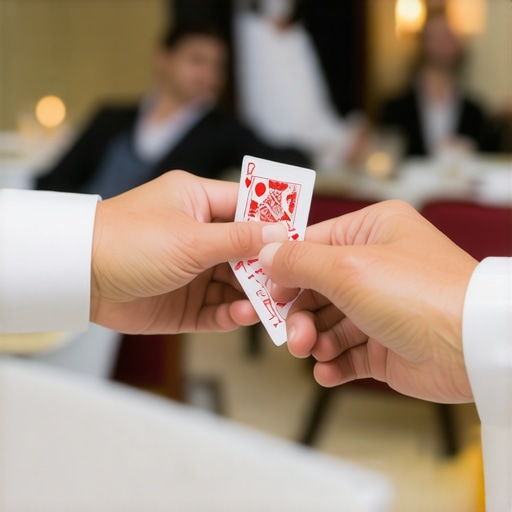Magician performing card tricks for guests in a lounge setting to demonstrate intimate event engagement.