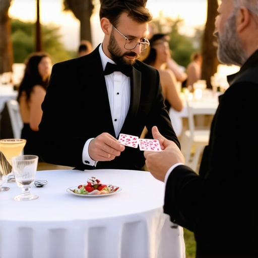 Magician performing for guests at a luxury outdoor gala.