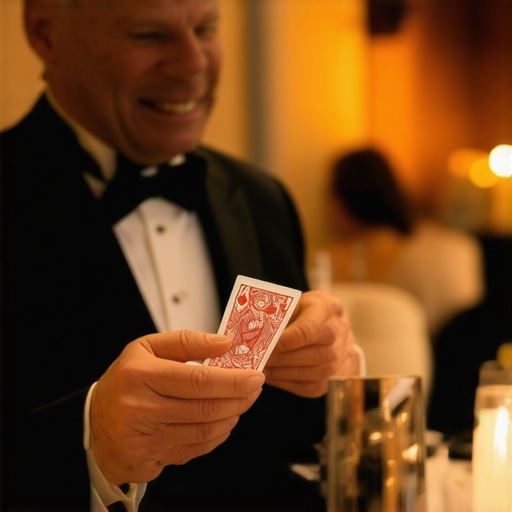 A magician performing for guests at a social gathering to break the ice.