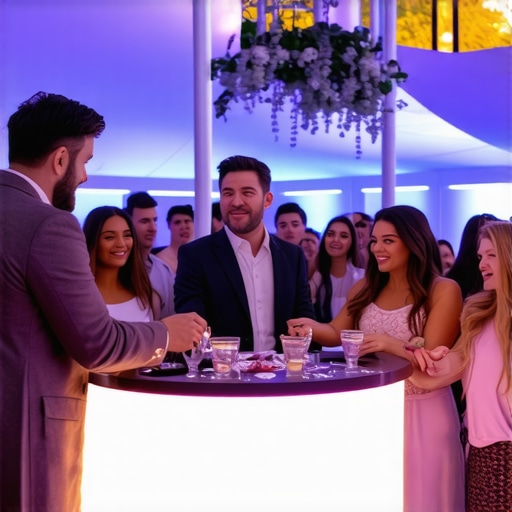 A magician performing at a corporate event to encourage guest interaction and prevent social bottlenecks.