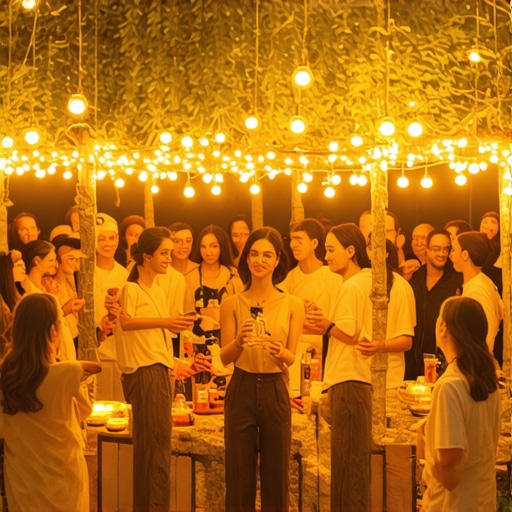 A social gathering showing guests interacting at a specialized rental station under a tent.