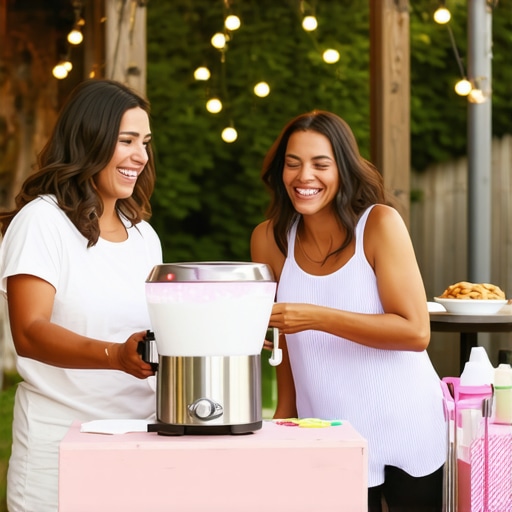 Adults interacting at a snow cone machine rental station at a milestone birthday party.