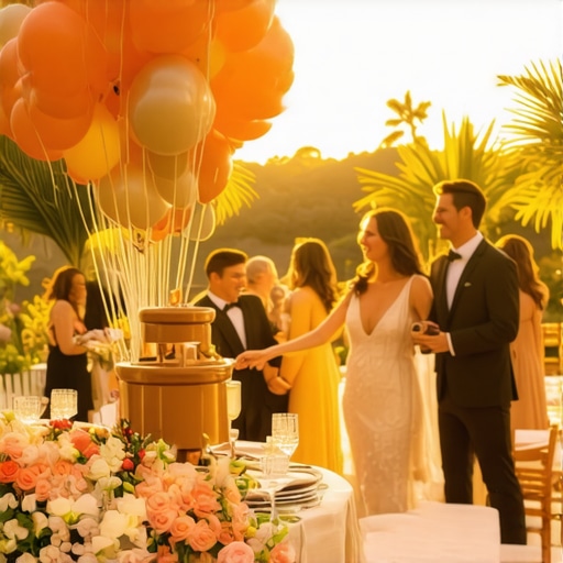 A professional balloon artist engaging guests at a high-end wedding with tropical decor and luxury tenting.