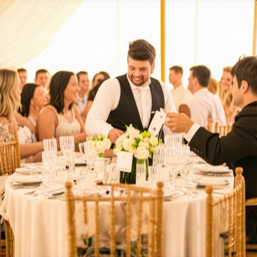 A magician performs sleight of hand for guests at a round wedding reception table to keep them entertained during dinner.