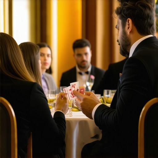 Magician performing close-up sleight of hand for guests at a corporate event