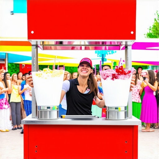 A performer engaging guests at a snow cone rental station during a summer event.