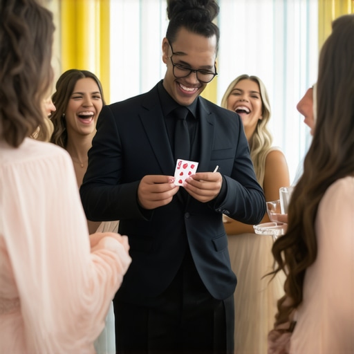 Close-up magician entertaining a group of guests at a bridal shower.
