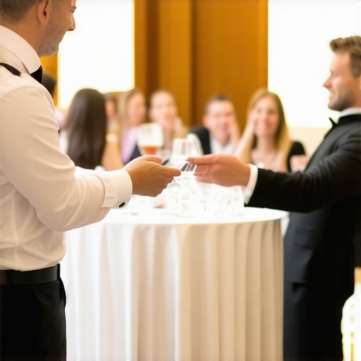 Interactive entertainment during event transition periods An entertainer performing close-up magic for engaged guests at a corporate event transition area.
