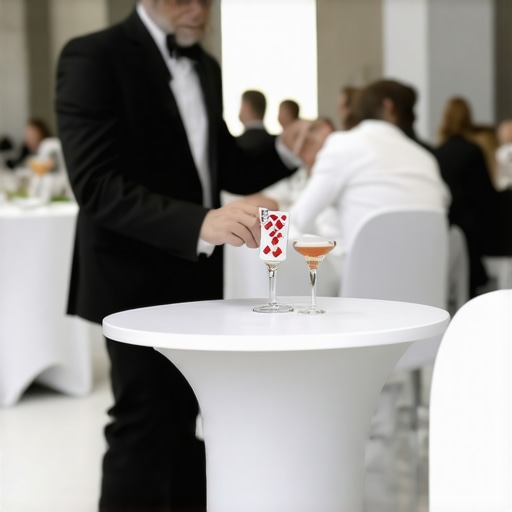 Interactive magic performance at a corporate networking event A magician performing a close-up card trick for business professionals around cocktail tables.