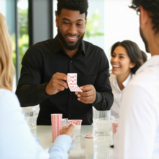 A magician performing sleight of hand for engaged employees at a corporate event.