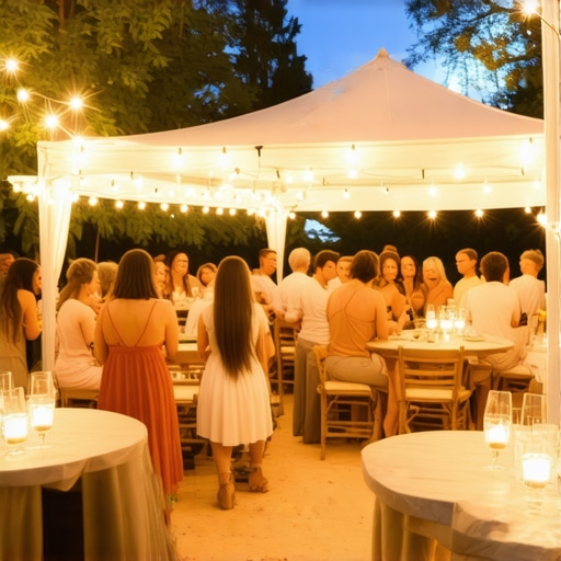 A small group of guests interacting closely under a decorated event tent with cocktail tables and warm ambient lighting.