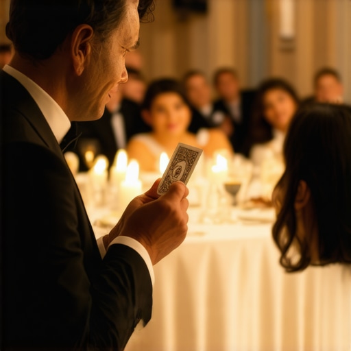 Magician performing for a close-knit group at a corporate event illustrating proper audience density.