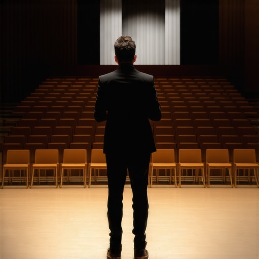 A magician performing a sightline sweep to check for exposed angles before a show.