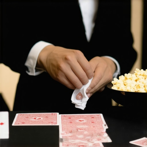 Professional magician using a microfiber cloth to clean hands behind a trade show booth to avoid card grease.